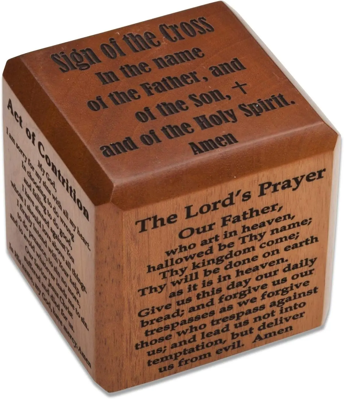 Catholic Prayers Scripture Cube - Mahogany - Rustic - Religious Decorative Item - 1 Count - 2.5 inches square - 7 years and up