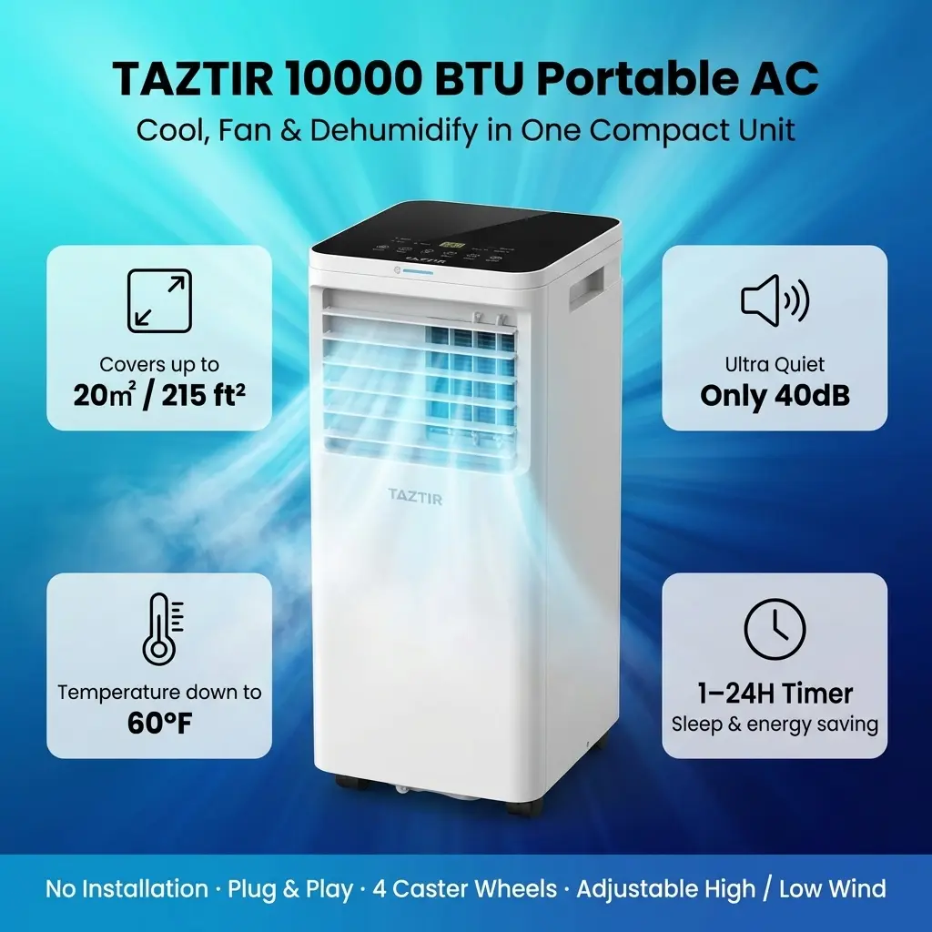TazTir 10000 BTU Portable Air Conditioner, 3-in-1 Cools 215 Sq.Ft, Quiet AC Unit with Fan & Dehumidifier, LED Display, 24H Timer, Window Kit, for Bedroom/Office/Dorms/Apartment