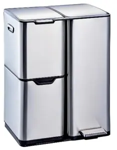 Garvee 16 Gal Kitchen Waste Bin with Lid, Triple Compartment Stainless Steel Can with Foot Pedal and Removable Inner Buckets, Combo for Bathroom, Home, Office Use, Silver Finish