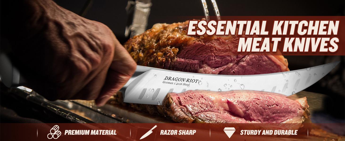 DRAGON RIOT 10 inch Premium Brisket Carving Knife with Ergonomic Handle Design, Granton Edge, Hand Forged Slicing Knife for Meat and BBQ Cuting Gift for Men