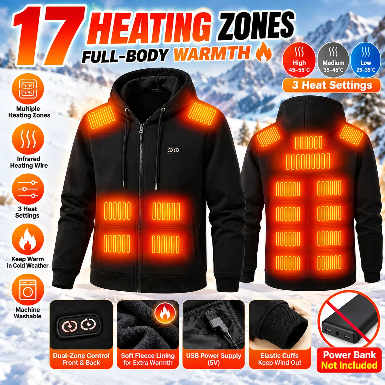 Men's Stylish 17 Zones Heated Hooded Jacket, Slim Fit Electric Heating Zip Up Hoodie, 3 Heat Settings, Fashion Thermal Winter Coat for Daily Wear Ski Hiking, Battery Not Included