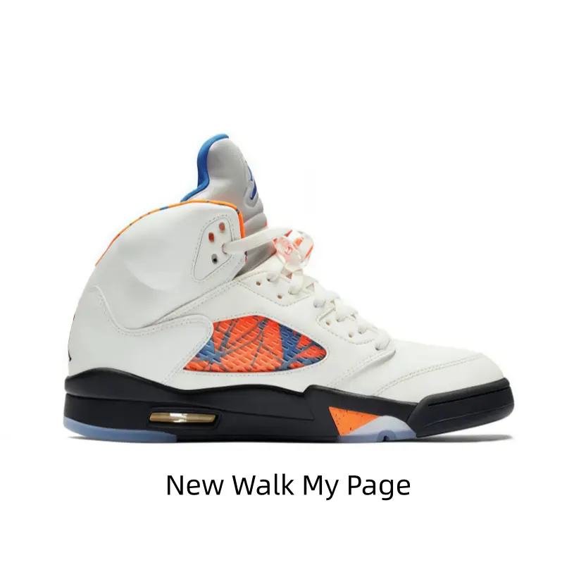 Off White Mid Top Basketball Sneakers Orange Blue Printed Mesh Side Panel Blue Tongue Trim Black Cushion Midsole Gold Side Air Window Translucent Ice Outsole Daily Street Trainers