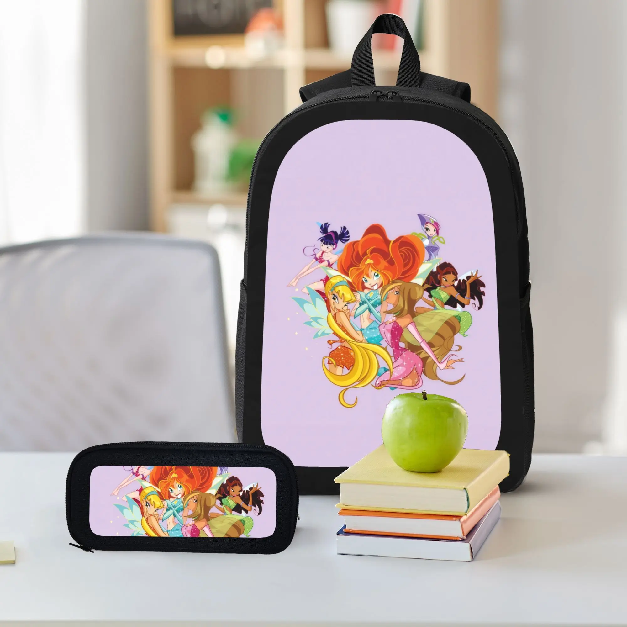 Winx Club Girls Cartoon Character 3pcs Backpack Set - Lightweight Polyester Bookbag with Matching Pencil Bag and Insulated Lunchbox for Little Girls Teens