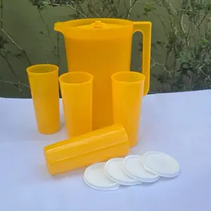 Pitcher Set - Yellow Plastic Pitcher with 4 Matching Cups and 4 Lids for Easy Serving