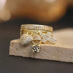 High-Quality Son/Daughter Boy/Girl Family Heart Charms Adjustable Ring for Fashion Cute Jewelry Wholesale Accessories, for Teenagers, Holiday Gift, Sentimental Jewelry, Elegant Design, Trendy Accessory, Durable, Waterproof, Fashion Accessory