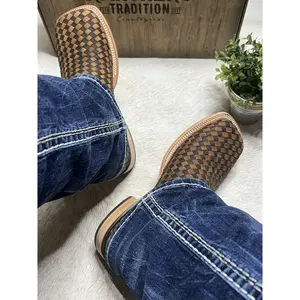 Mens Brown Tan Basketweave Leather Boots Square Toe