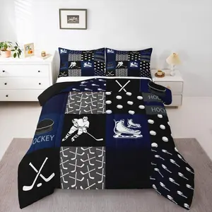 Ice Hockey Comforter Set,Puck Hockey Player Bedding Set,Juvenile Sports Games Down Kids Girls Boys Hobby Activity Winter Sports Event Quilt