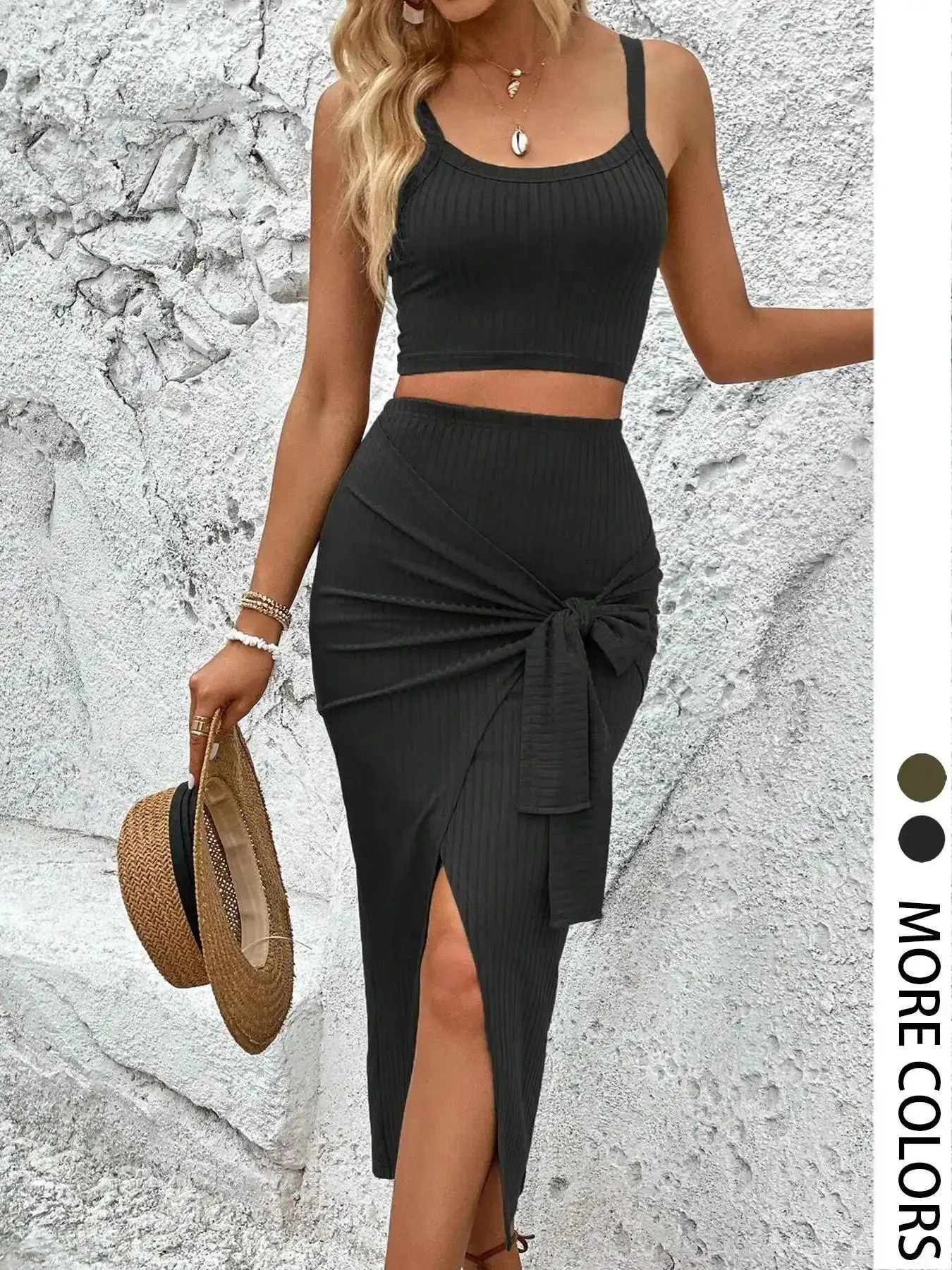 Women's Solid Ribbed Wrap Skirt Set, Casual Crop Cami Top & Knot Front Split Skirt, for Summer, Stretchy Outfit Sets, Modern, Classic, Fashion, Stylish, Durable, Flowy, Smooth, Elegant
