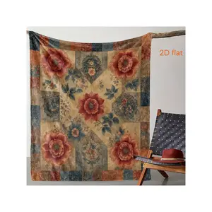 Vintage Floral Patchwork Fleece Blanket - Soft Beige/Brown/Red/Blue/Green/Beige Bedspread With Muted Multicolor Roses & Foliage, All-Season Cozy Throw For Couch, Bed, Camping, Travel - Plush Fleece (No-Sew Design), 2D Flat-30*40in