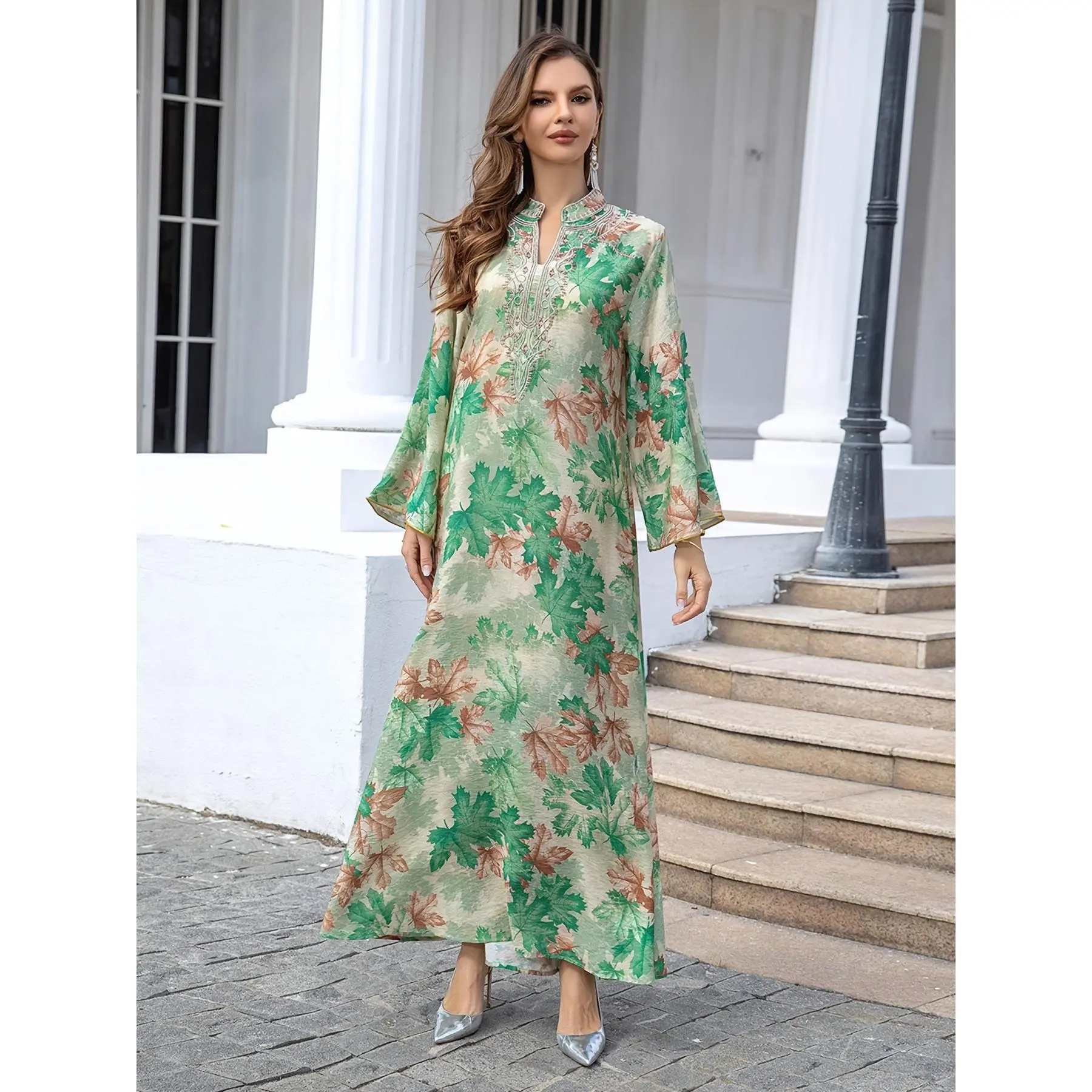 Women's Elegant Floral Abaya Dress - Long Maxirobe with Flowy Loose Fit, Beige & Orange Floral Print Formal & Everyday Islamic Dress - Machine Washable Muslim Wedding Guest Outfit, Muslim Dress, Modest Apparel, Allseason Wear