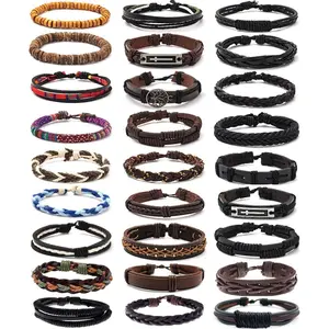 27Pcs Unisex PU Leather Mix Bracelets Set - Adjustable Link, Beaded Braided, Multilayered Bangle, Ethnic Tribal Cuff, Woven Friendship Wristband Wrap, Adjustable Link Bracelet, Beaded Braided Bracelet
