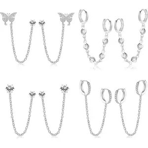 CASSIECA 4Pairs Trendy Chain Earrings for Women 14K Gold Plated Double Piercing Butterfly Dangle Hoop Earrings Sparkled CZ Chain Hoop Cartilage Studs Earrings Set