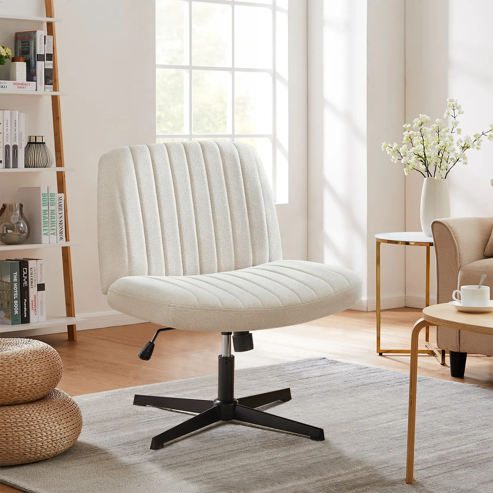 Height Adjustable Criss Cross Chair - Home Office Desk Chairs Armless Desk Chair No Wheels Cross Legged Office Chair Wide Swivel
