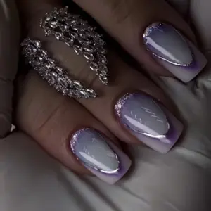 24pcs Fine Glitter Detachable Nail Art Gradient False Nails Square Shape, Glitter Base French Tip, Removable Manicure Tips, Model Xinghao T339