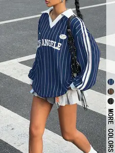 Women's Striped Long Sleeve V Neck Loose Fit Casual Comfortable Top, Spring & Fall Fashion, Moderate Fabric Thickness Kint Style