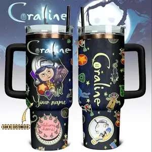 Custom Name Version 15th anniversary Coraline Cartoon Tumbler 20oz 40oz, 15th Anniversary Fantasy Cartoon Aesthetic Cup, Dark Whimsical Gift, Stainless Steel Travel Mug With Handle & Straw