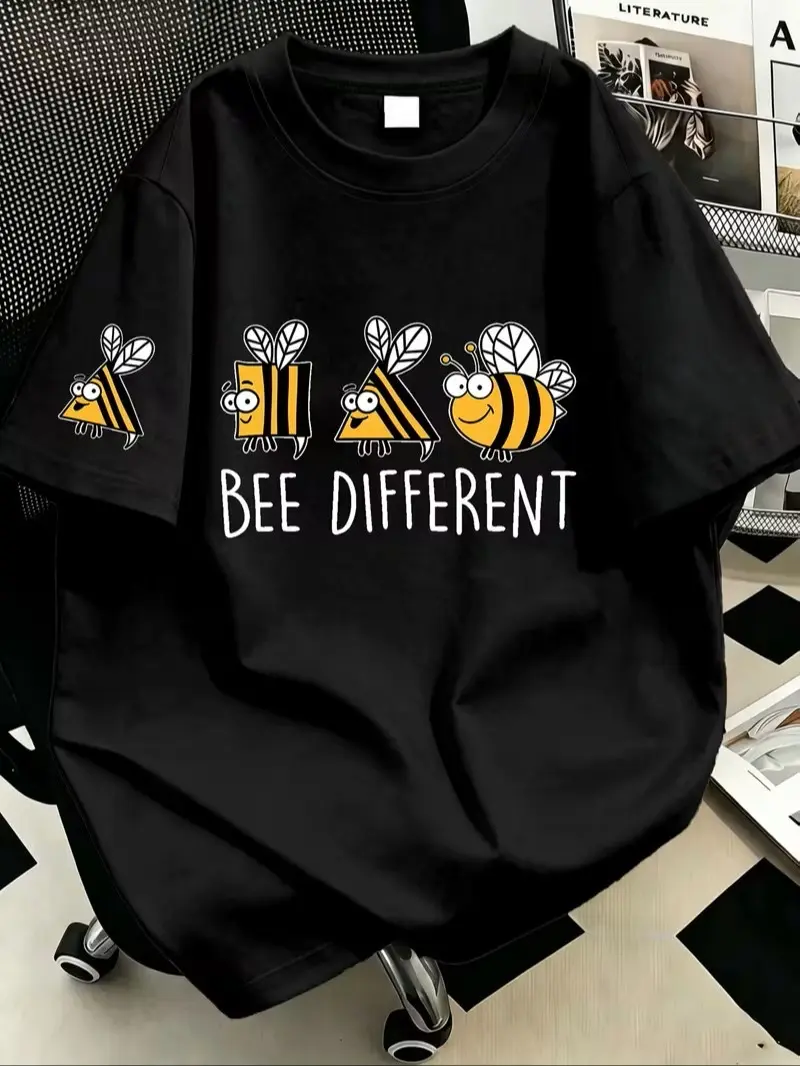Bee Different Cute Cartoon Bee Graphic Cotton T-Shirt, Funny Inspirational Casual Short Sleeve Tee