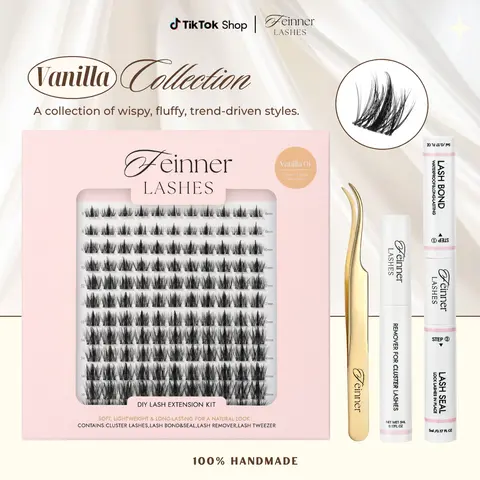 Feinner Wispy Volume Set Lash Clusters Kit - 3D Manga D-Curl False Eyelash Extensions for Adults, 8-16mm Ultra-Thin Invisible Band, Lightweight Fluffy Vanilla Nature Makeup Back-to-School Beauty Pick