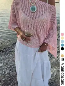 Elegant Women's Spring Summer Fashion Casual Knitted Hollow Out Hoodie, Sequin Boat Neck Pure Color Semi-Transparent Top