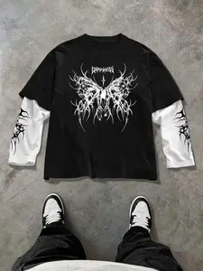 Oversized Black and White Contrast T-Shirt Fit | Harajuku Grunge Layered Look Top with Skeleton Butterfly Graphic | Unisex Streetwear for Music Festivals