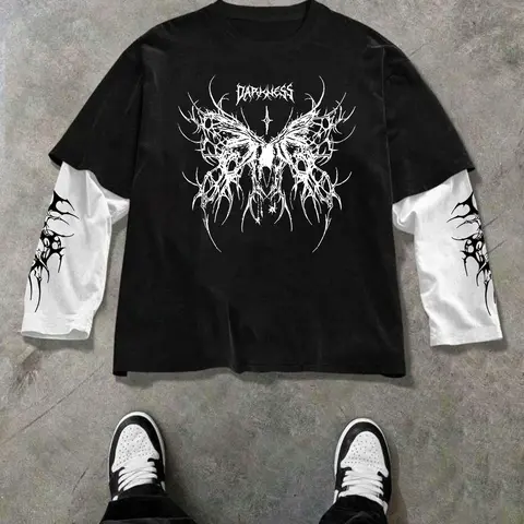 Oversized Black and White Contrast T-Shirt, Harajuku Grunge Layered Look Aesthetic Top with Skeleton Butterfly Graphic, Unisex Casual Streetwear for Music Festivals