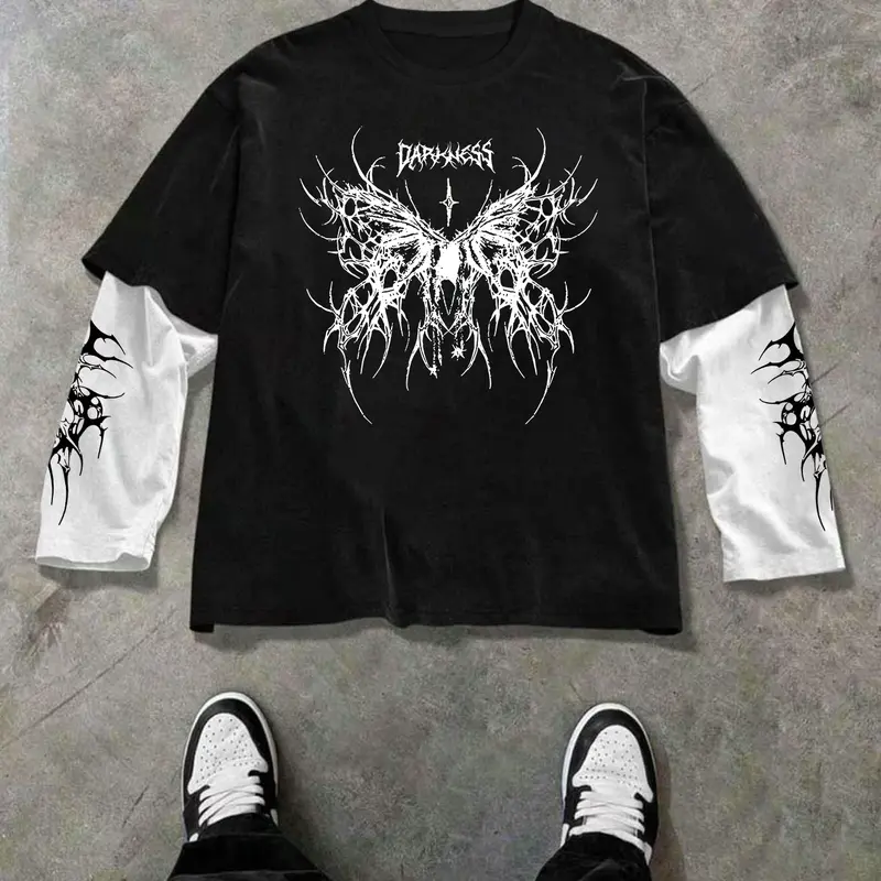 Oversized Black and White Contrast T-Shirt, Harajuku Grunge Layered Look Aesthetic Top with Skeleton Butterfly Graphic, Unisex Casual Streetwear for Music Festivals