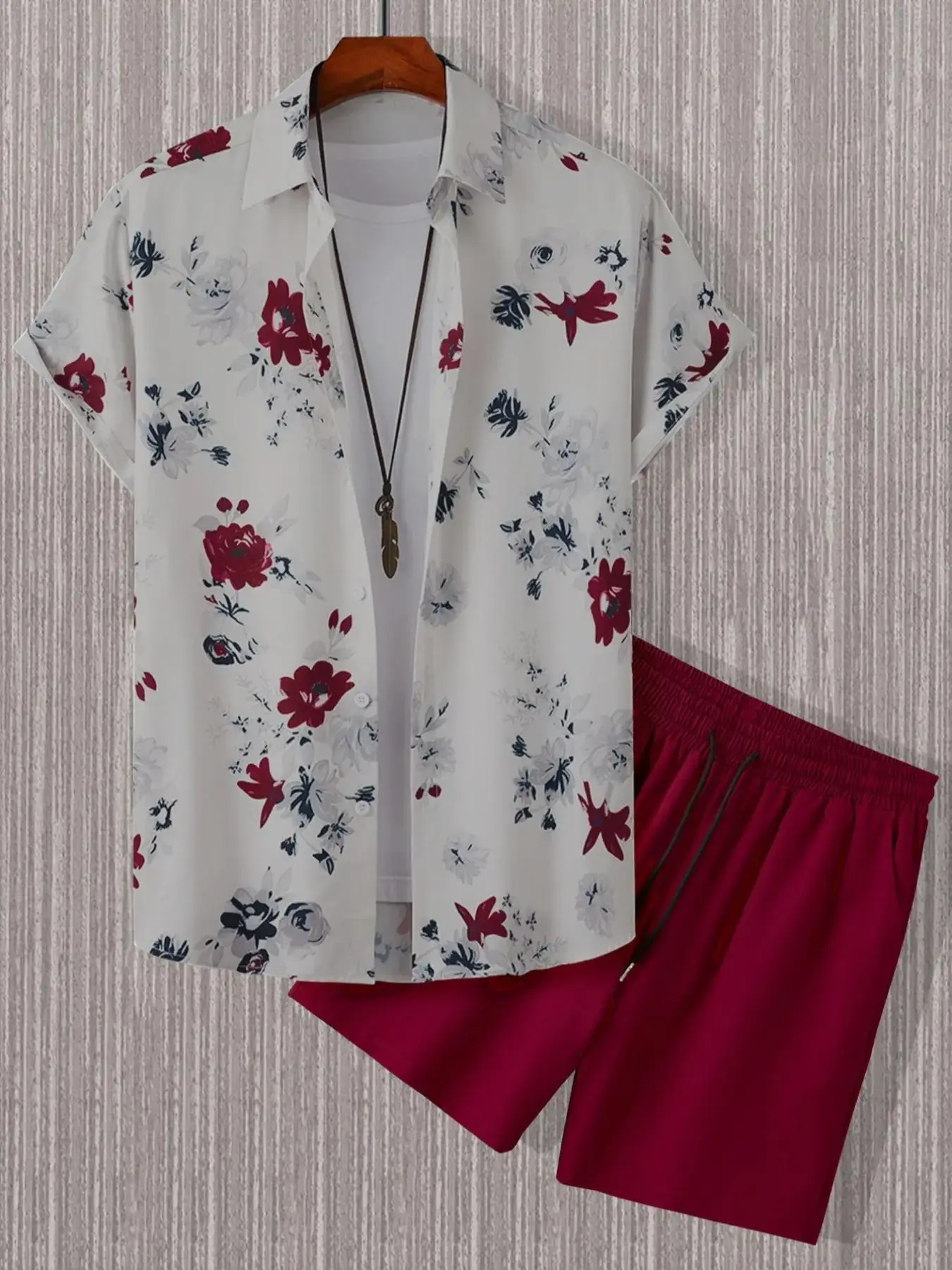 Two-Piece Set Men's Floral Print Button Front Shirt & Drawstring Waist Shorts Set, Regular Fit Casual Short Sleeve Top & Pocket Shorts, 2024 Summer Ho