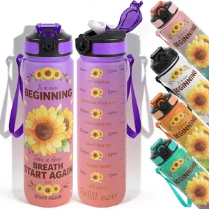 1pc,32oz Water Bottle Sunflower Motivational Quote Inspirational Words Reminder Keep Chugging Design Durable  Leak-Proof 1000ml Time Marker Water Bottle - Shatter-Resistant for Sports, Fitness, Hikin
