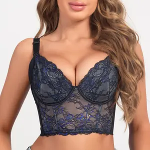 QOU Supportive Lace Bustier, Push Up Bra,Deep V Neck Bustier Corset Top for Women,Underwire Minimalist bras