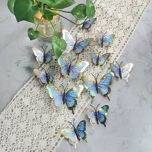 12pcs Blue Gold Edge Butterfly Wall Stickers, Embossed Craft Butterflies Decorative Wall Decals for Weddings Festivals Birthdays