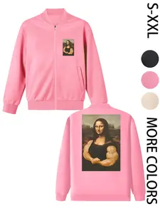 Women's American Street Style Hoodless Bomber Jacket with "Mona Lisa" Print, Lightweight Zip-Up Jacket, American Street Style Print Design, Suitable for All Seasons, Casual & Street Style