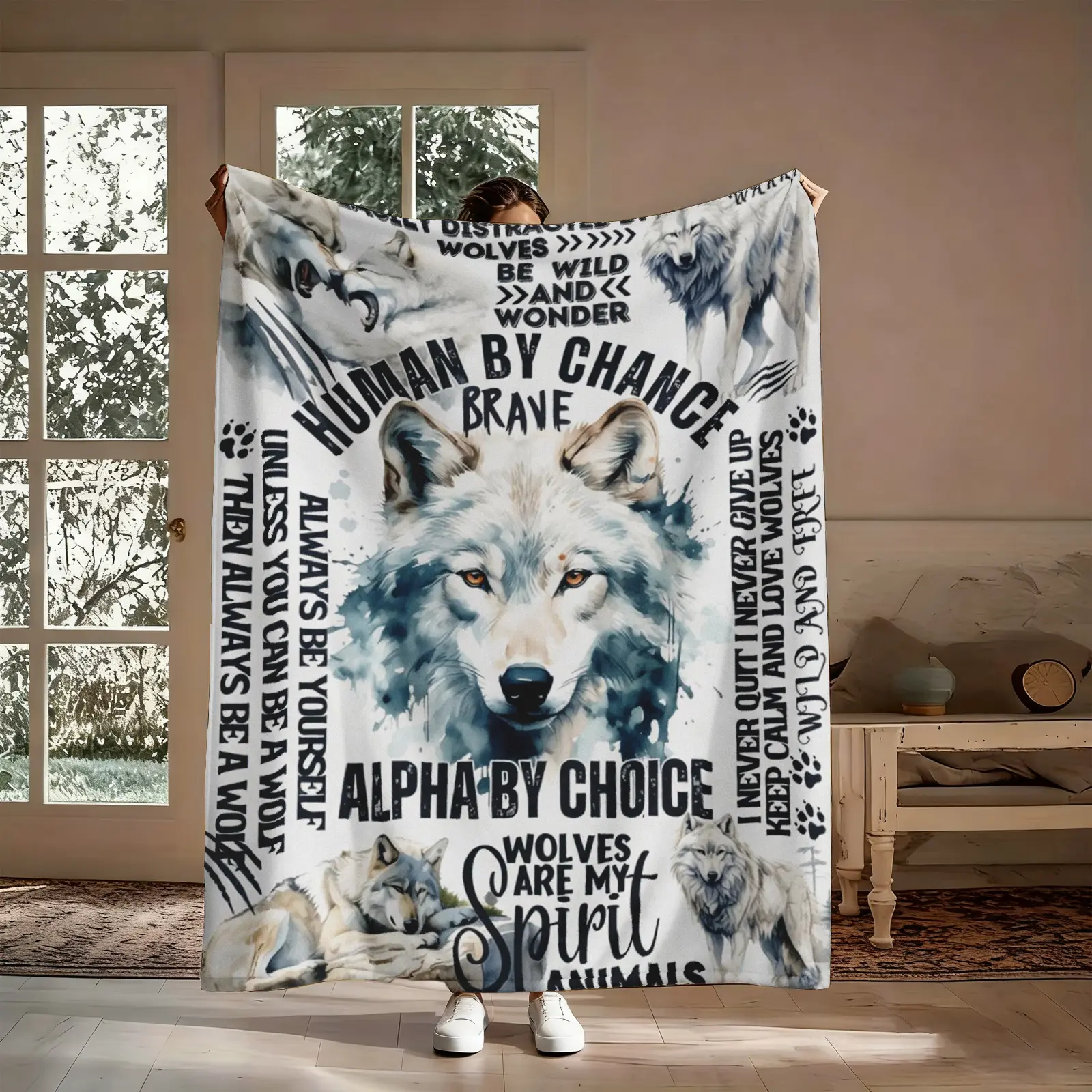 Wolf Lover Blanket Gift, Human By Chance Alpha By Choice Wolf Spirit Animal Pattern Flannel Throw, Soft Cozy Warm Nap Blanket for Bedroom Living Room Man Cave, Cool Gift for Him Her Friend, Christmas Birthday Holiday Present