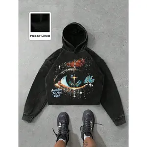 New American Eye Cross Print Hoodie, Unisex Street Style, Fitted Short Design, Spring & Fall Fashion, Moderate Fabric Thickness