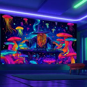 1pc Cheerful Sorcerer Jellyfish Disco UV Black Light Tapestry Wall Mural, Large Size Decorative Hanging Cloth, Holiday Gift, Party Decoration, Home Decoration, Live Broadcast Background Cloth, With Installation Bag