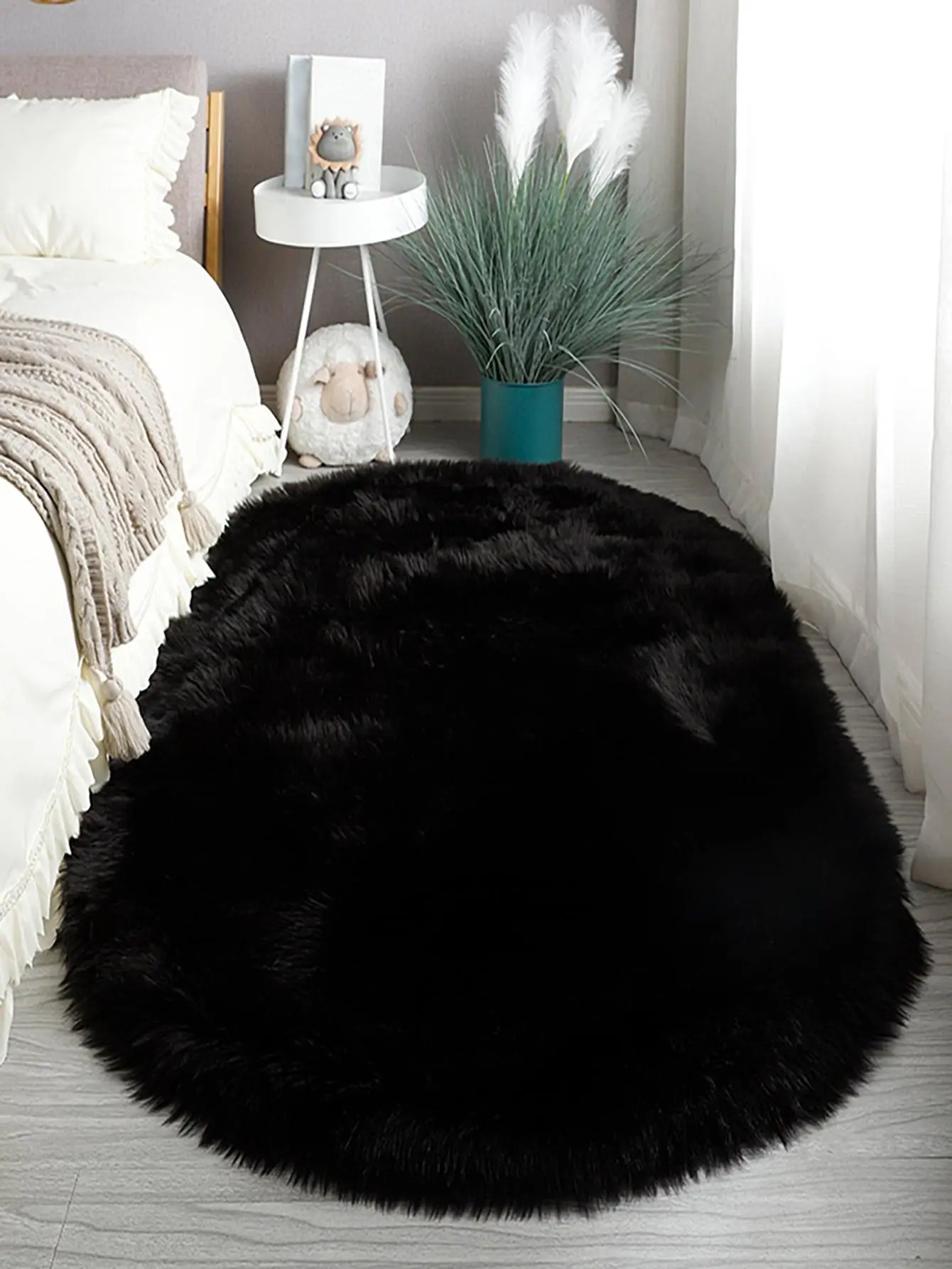 Imitation Sheep Black Oval Carpet Cloakroom Household Bedfront Cushion Long Hair Living Room Carpet