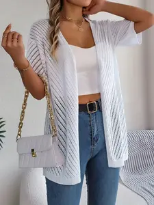 [Plus Size] Solid Color Hollow Out Open Front Cardigan, Casual Short Sleeve Knitwear for Spring & Summer, Women's Clothes for Daily Wear, Tops, Womenswear
