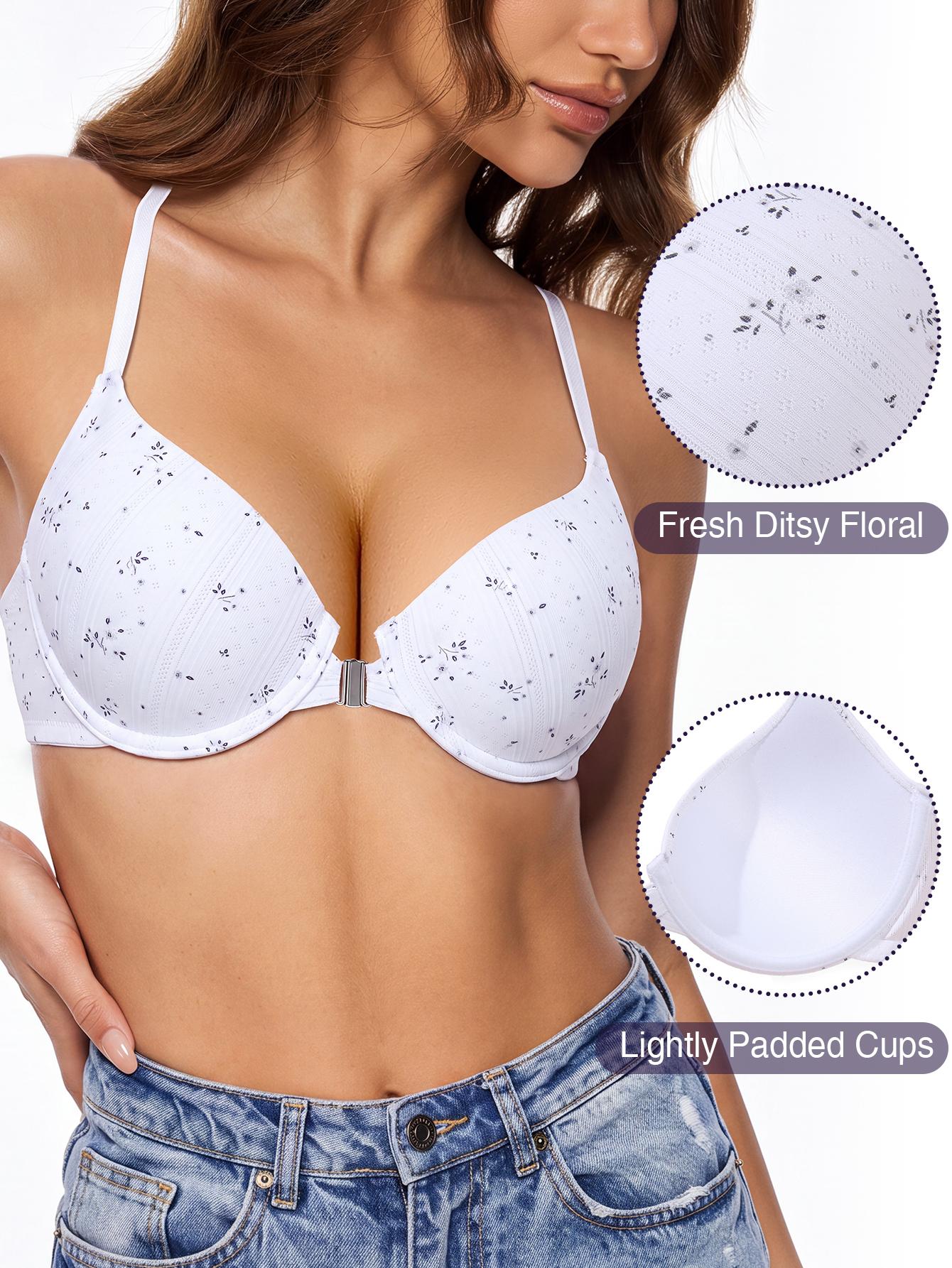 TryWish Women's Front Closure Push Up Floral Print T-shirt Bra - Elegant, Seamless, Comfortable for Small Chest, No Gap, Everyday Wear, Hand Wash Style, Elegance, All Season, Floral Ditsy