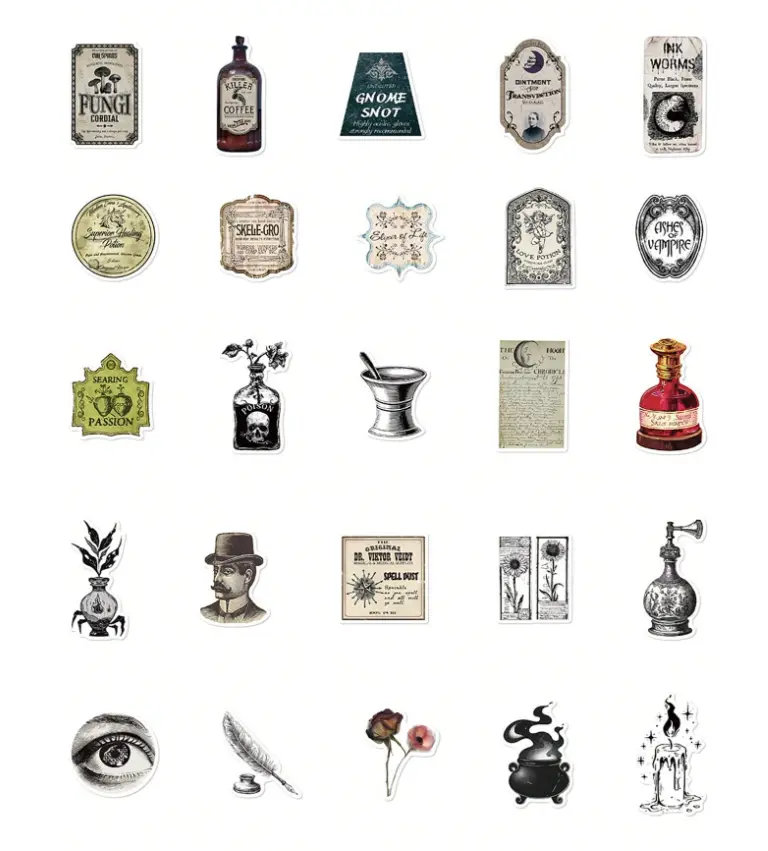 Gothic Apothecary Vintage Magic Potion Sticker Labels - 50pcs for Notebook, Luggage & Cup Decoration - Perfect for Back to School - Unique Gothic Aesthetics