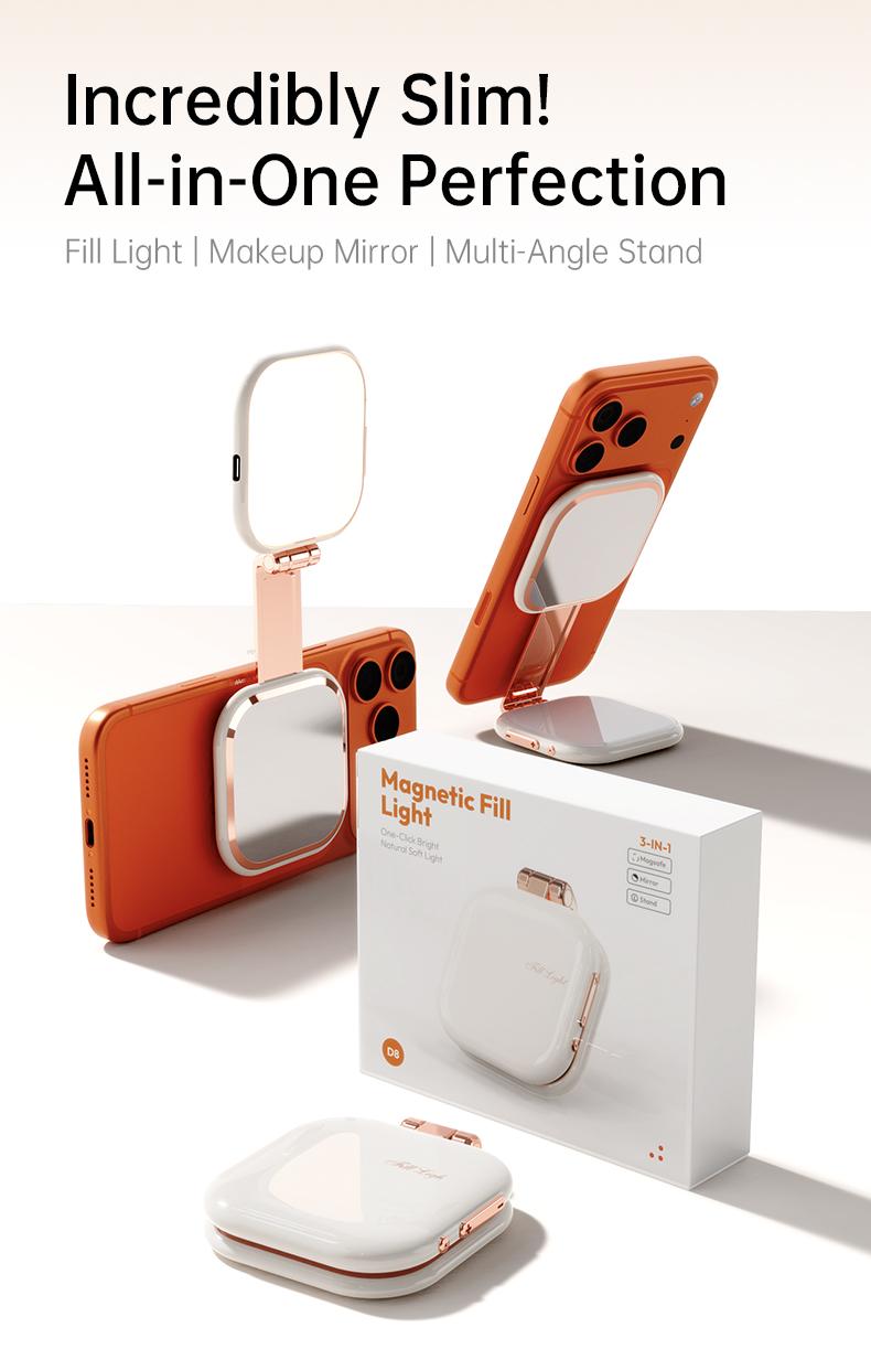 Professional Magnetic Fill Light Mirror, 49 LEDs, Front/Rear 360° Fill, 3 CCT (Warm/Natural/White), Vert/Horiz Stand, Long Battery, Portable Selfie Mirror w/ Universal Joint for Makeup, Vlog, Food Photo