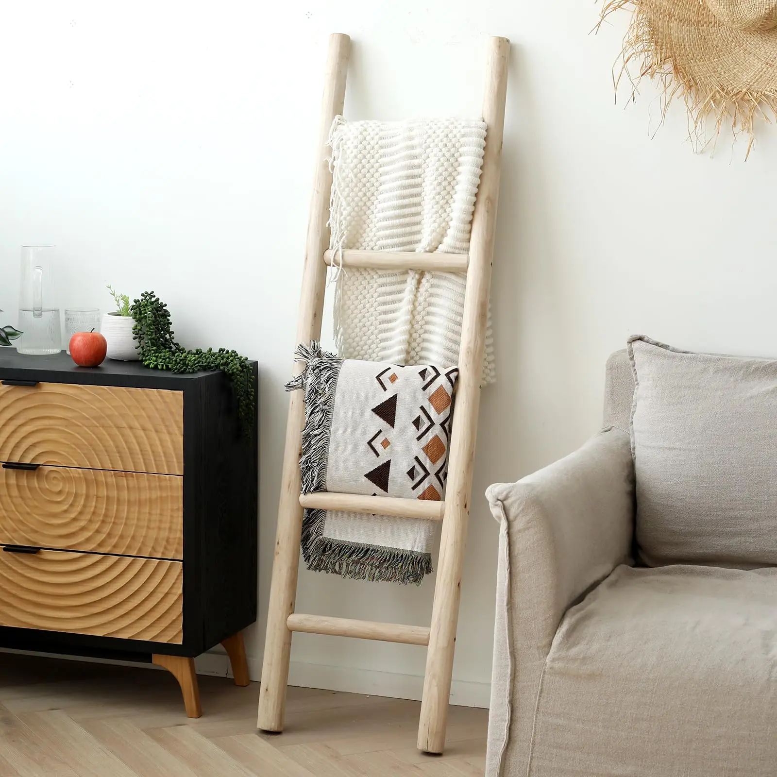 57in Wood Blanket Ladder Solid Farmhouse Country Style Wooden Wall Reclining Blanket Quilt Towel Kitchenware Christmas Ribbon Multifunctional Storage Rack Cabinet Display Decoration Hanger Rack for Bathroom Living Room Kitchen Bedroom Daily Home Holiday