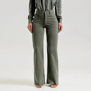 Slim Fit Stretch Fashion Solid Color Frayed Flared Pants Fabric Spandex