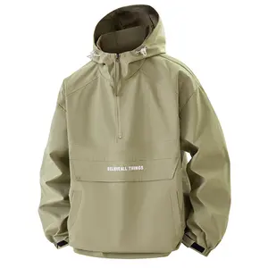 Half Zipper Windproof Jacket Men's Outdoor Street Sports Coat Lightweight Hooded All-Season with Drawstring Hem & Side Pockets Quarter-Zip Closure