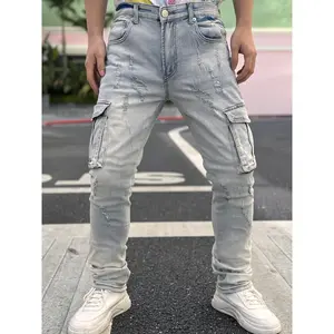 [Men's Stretch Pants With Rips] Men's Stretch Pants With Ripped Pockets