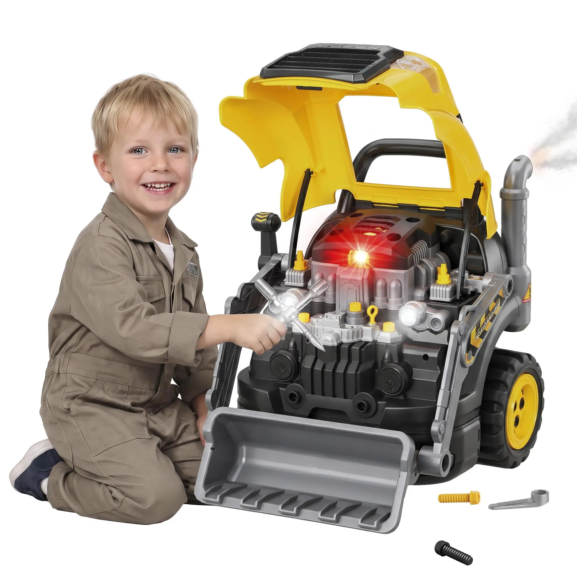 Qaba Large Truck Engine Toy, Kids Mechanic Repair Set with Spray, Lights, Sounds and Removable Parts, Take Apart Motor Excavator Toy, Educational Gifts for 3-6 Year Old Boys Girls, Yellow