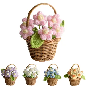 Handmade Crochet Flower Basket, 1 Count Cute Room Decor Mini Handmade Knitted Flower Potted Plant, Handmade Rattan Baskets, Creative Gift for Mother & Father, Home Decoration, Weaving Basket, Artificial Flowers, Knitted Roses