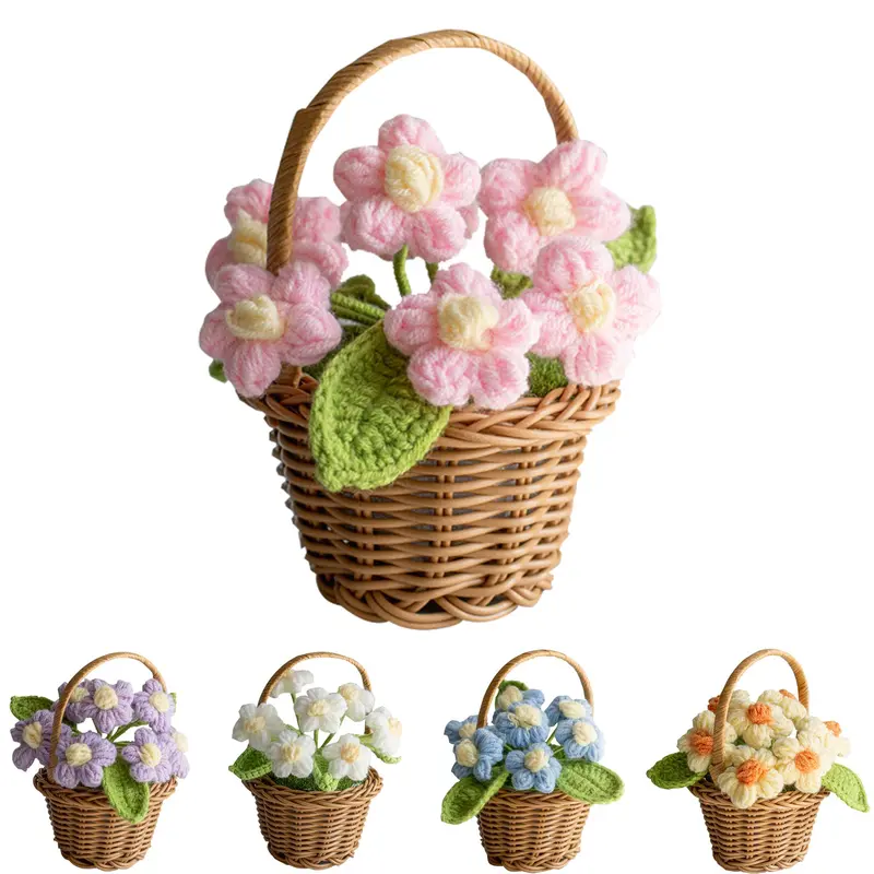 Handmade Crochet Flower Basket, Basket Decorative, 1 Count Cute Room Decor Mini Handmade Knitted Flower Potted Plant, Handmade Rattan Baskets, Creative Gift for Mother & Father, Home Decoration, Weaving Basket, Artificial Flowers, Knitted Roses