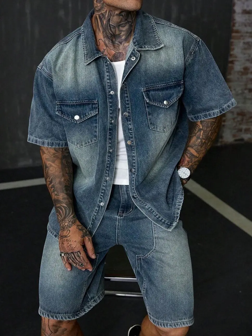 Men's 2 piece sets - Men's Blue Washed Denim Shirt and Shorts Set, Casual Summer Two Piece Matching Outfit for Vacation men shorts summer clothing trending clothing trending clothes male clothing shorts for the summer men 2 piece sets vacation outfits