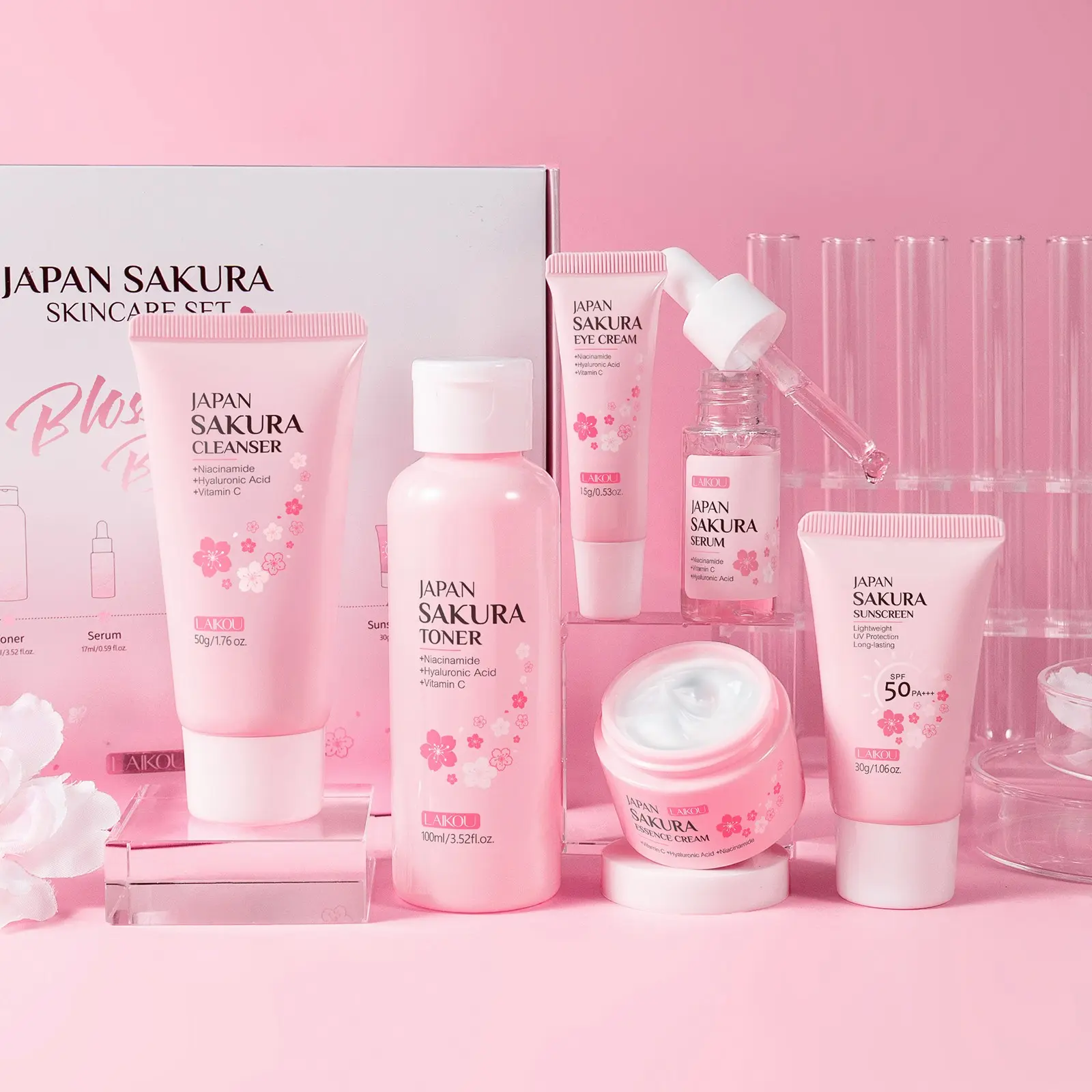 Cherry Blossom Skincare Set, Moisturizing Set, Deep Cleanser, Toner, Brightening Serum, Eye Cream, Moisturizer, Sunscreen, Daily Care Essentials, Perfect Mother's Day Gift
