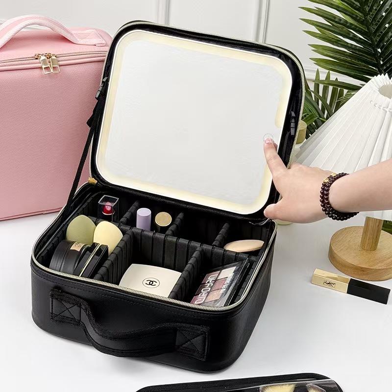 Travel cosmetic bag with LED light, USB charging women's cosmetic storage box, portable lighted makeup mirror with adjustable brightness, three-color adjustable light, portable cheap storage bag with adjustable divider makeup brush puff storage box