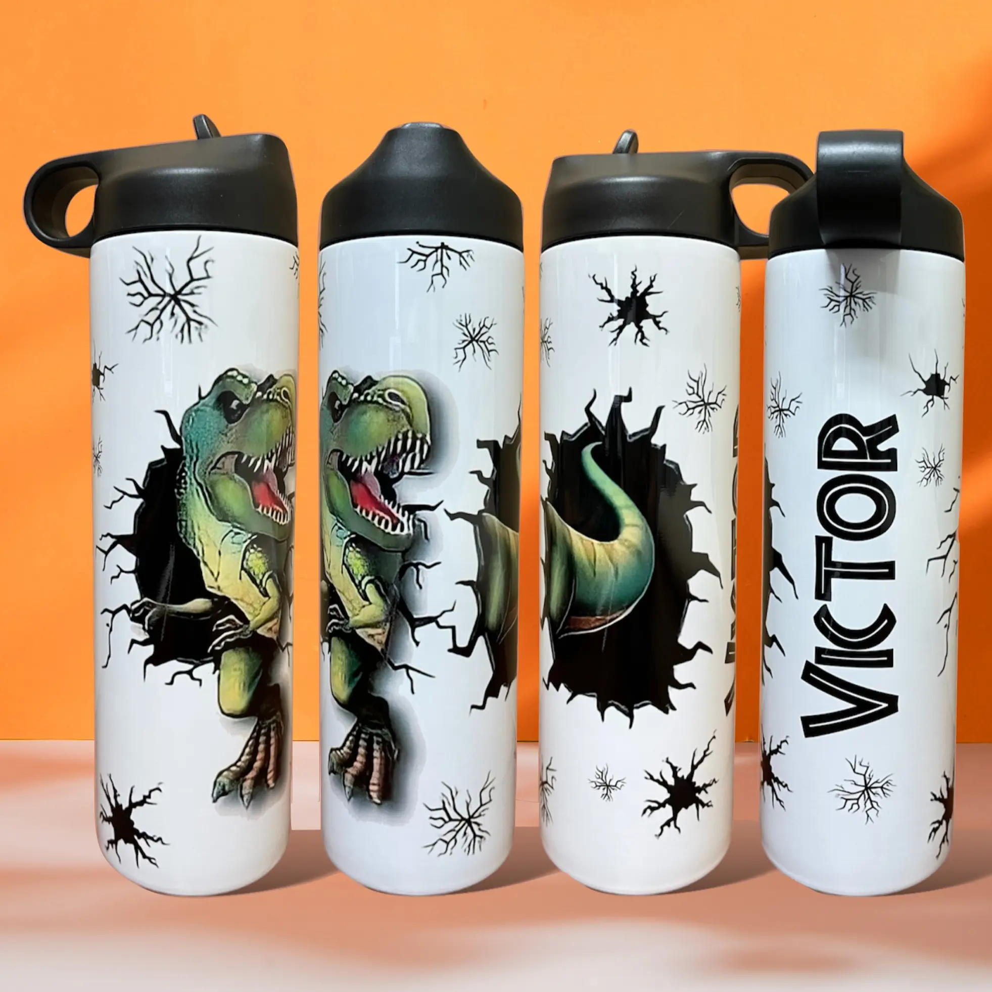 Dinosaur T Rex Personalized 20oz Straw Lid Water Bottle Double Wall Insulated Stainless Steel Kids Back to School Bottle Cup Gift